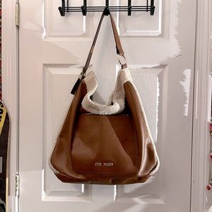 Steve Madden Sherpa-trim brown leather tote